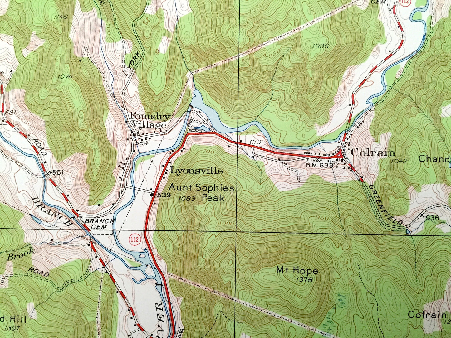 Antique Colrain, Massachusetts 1945 US Geological Survey Topographic Map – Franklin County, Leyden, MA, Windham County, Guilford, Halifax VT