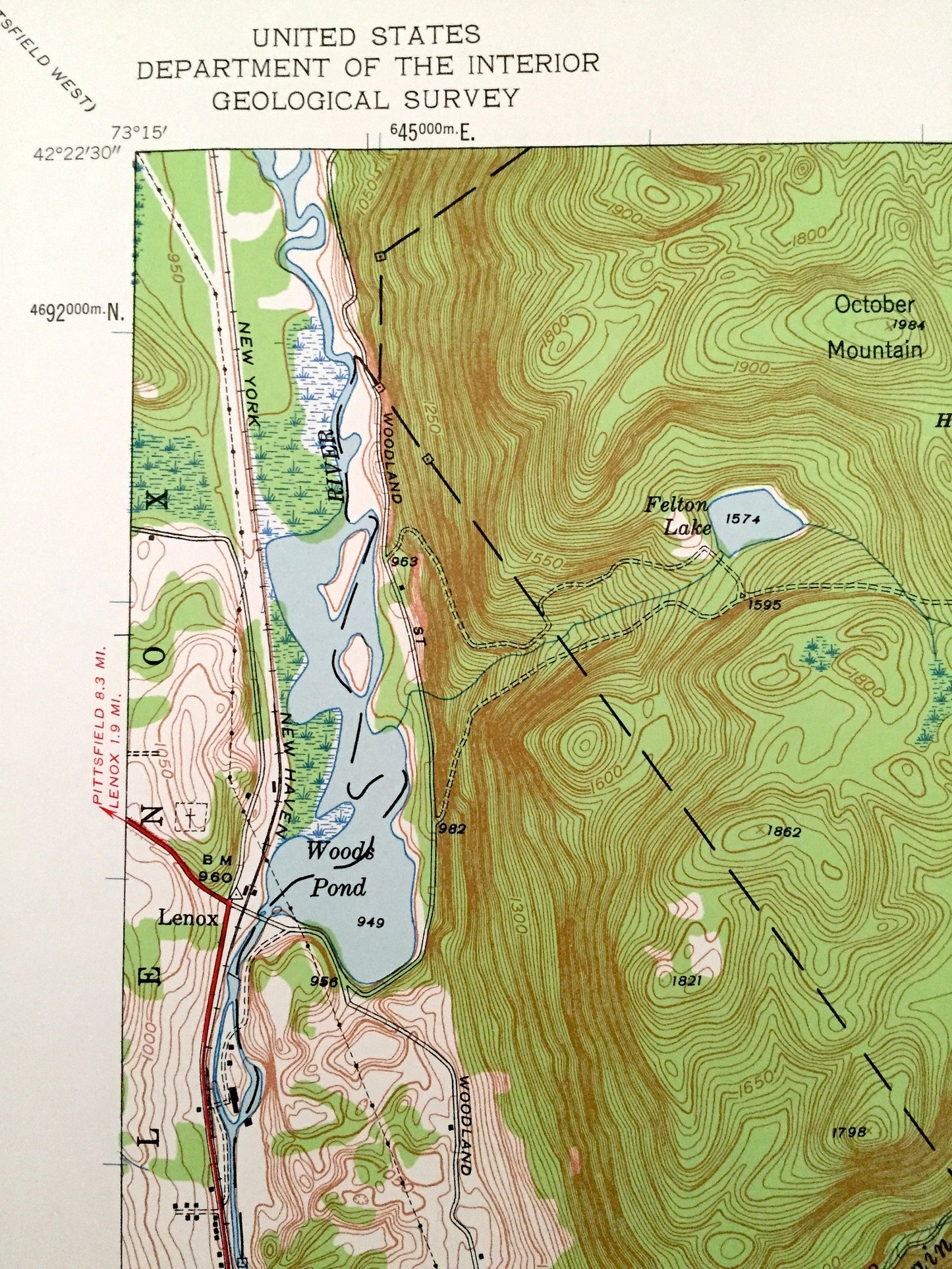 Antique East Lee, Massachusetts 1945 US Geological Survey Topographic Map – Berkshire County, Washington, Lenox, Tyringham, Becket, Otis, MA