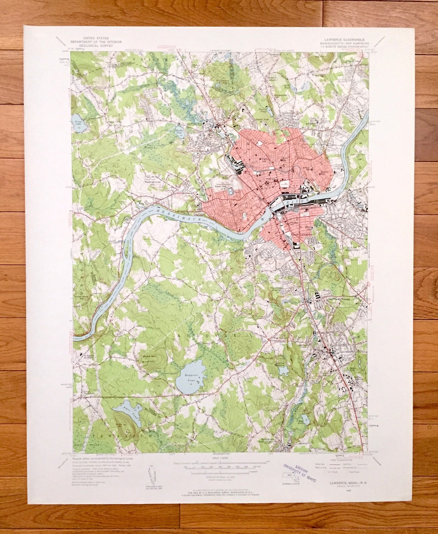 Antique Lawrence, Massachusetts 1955 US Geological Survey Topographic Map – Middlesex, Essex County, MA, Hillsboro, Andover, Rockingham, NH