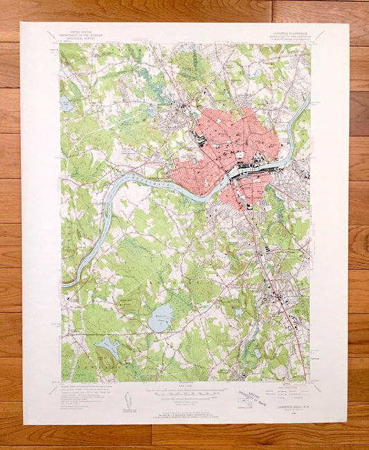 Antique Lawrence, Massachusetts 1955 US Geological Survey Topographic Map – Middlesex, Essex County, MA, Hillsboro, Andover, Rockingham, NH