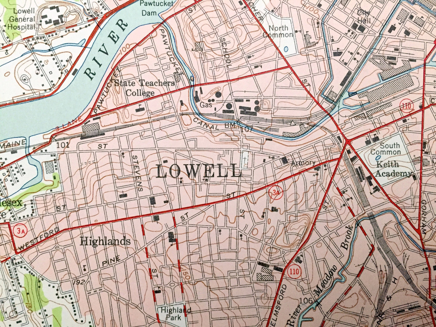 Antique Lowell, Massachusetts 1950 US Geological Survey Topographic Map – Essex, Middlesex County, Chelmsford, MA, Hillsborough County, NH