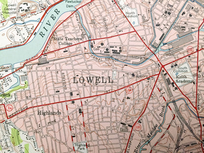 Antique Lowell, Massachusetts 1950 US Geological Survey Topographic Map – Essex, Middlesex County, Chelmsford, MA, Hillsborough County, NH