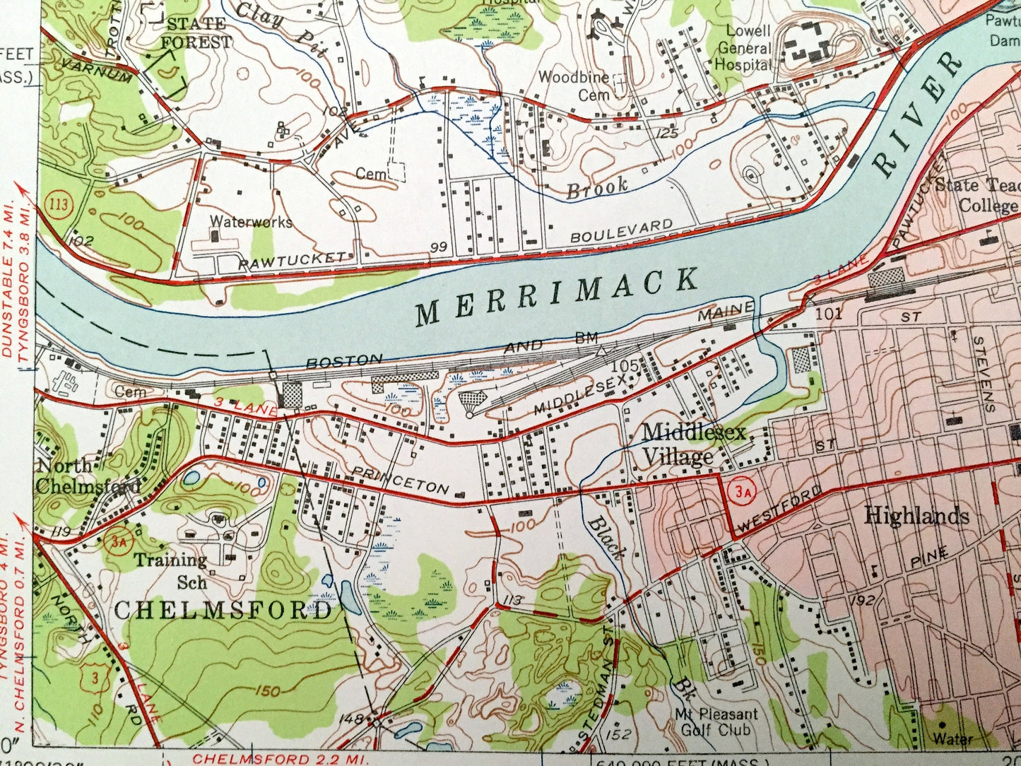 Antique Lowell, Massachusetts 1950 US Geological Survey Topographic Map – Essex, Middlesex County, Chelmsford, MA, Hillsborough County, NH