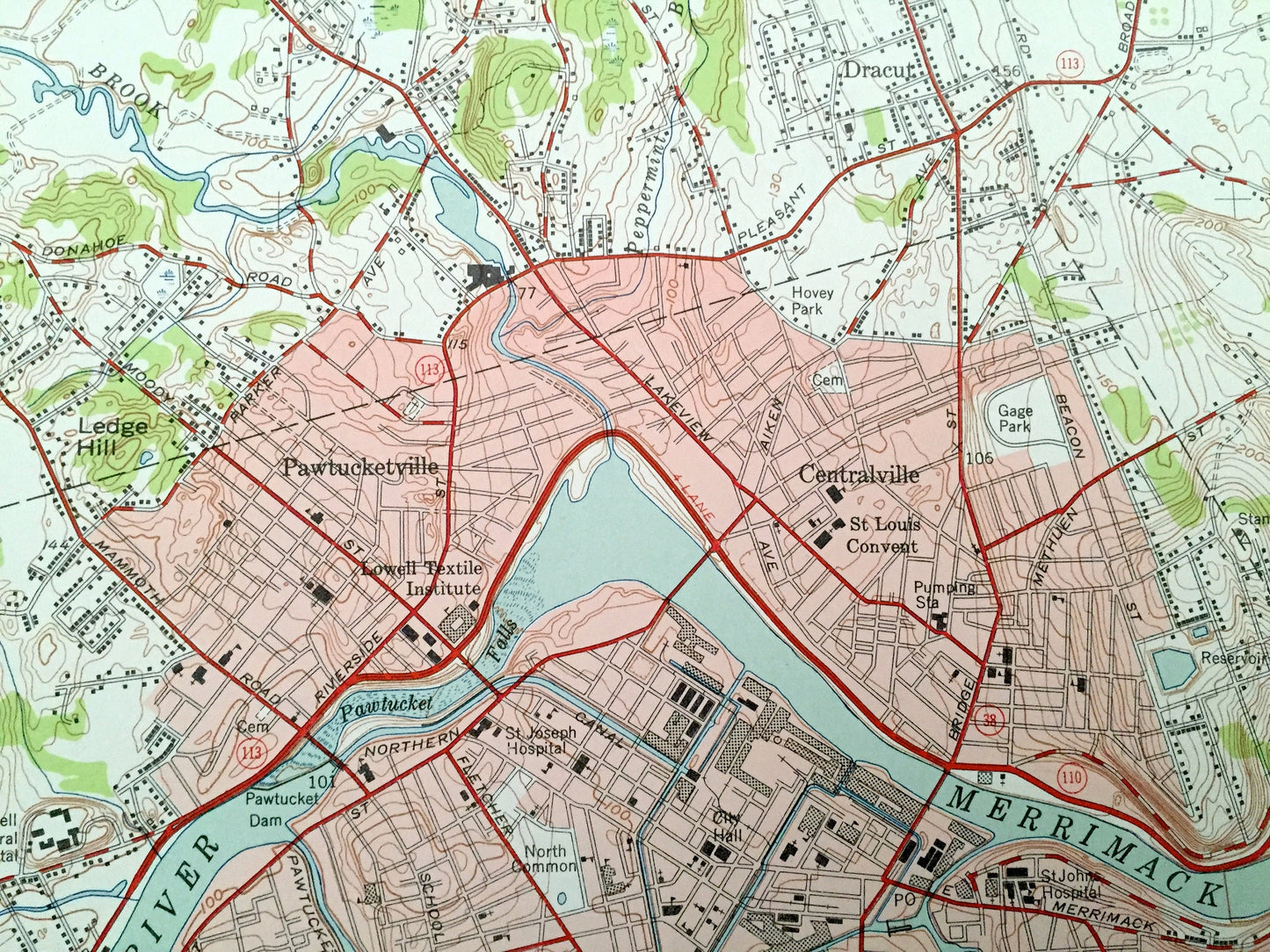 Antique Lowell, Massachusetts 1950 US Geological Survey Topographic Map – Essex, Middlesex County, Chelmsford, MA, Hillsborough County, NH