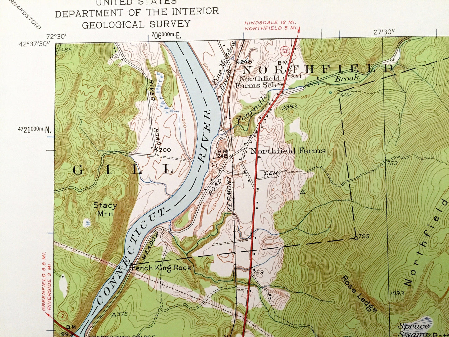 Antique Millers Falls, Massachusetts 1948 US Geological Survey Topographic Map – Franklin County, Wendell, Montague, Erving, Northfield, MA