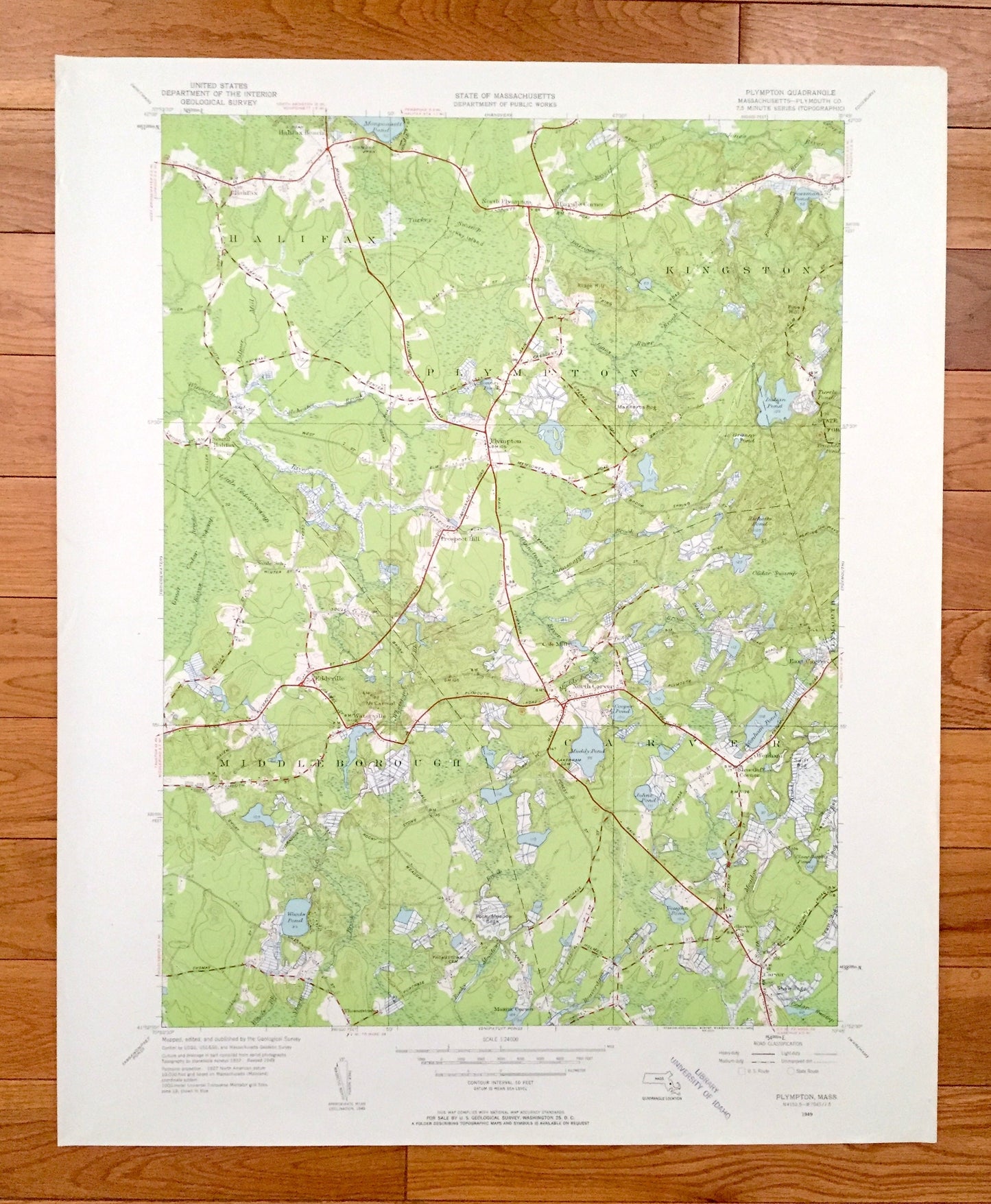 Antique Plympton, Massachusetts 1949 US Geological Survey Topographic Map – Plymouth County, Halifax, Kingston, Middleborough, Carver, MA