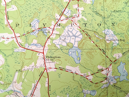 Antique Plympton, Massachusetts 1949 US Geological Survey Topographic Map – Plymouth County, Halifax, Kingston, Middleborough, Carver, MA