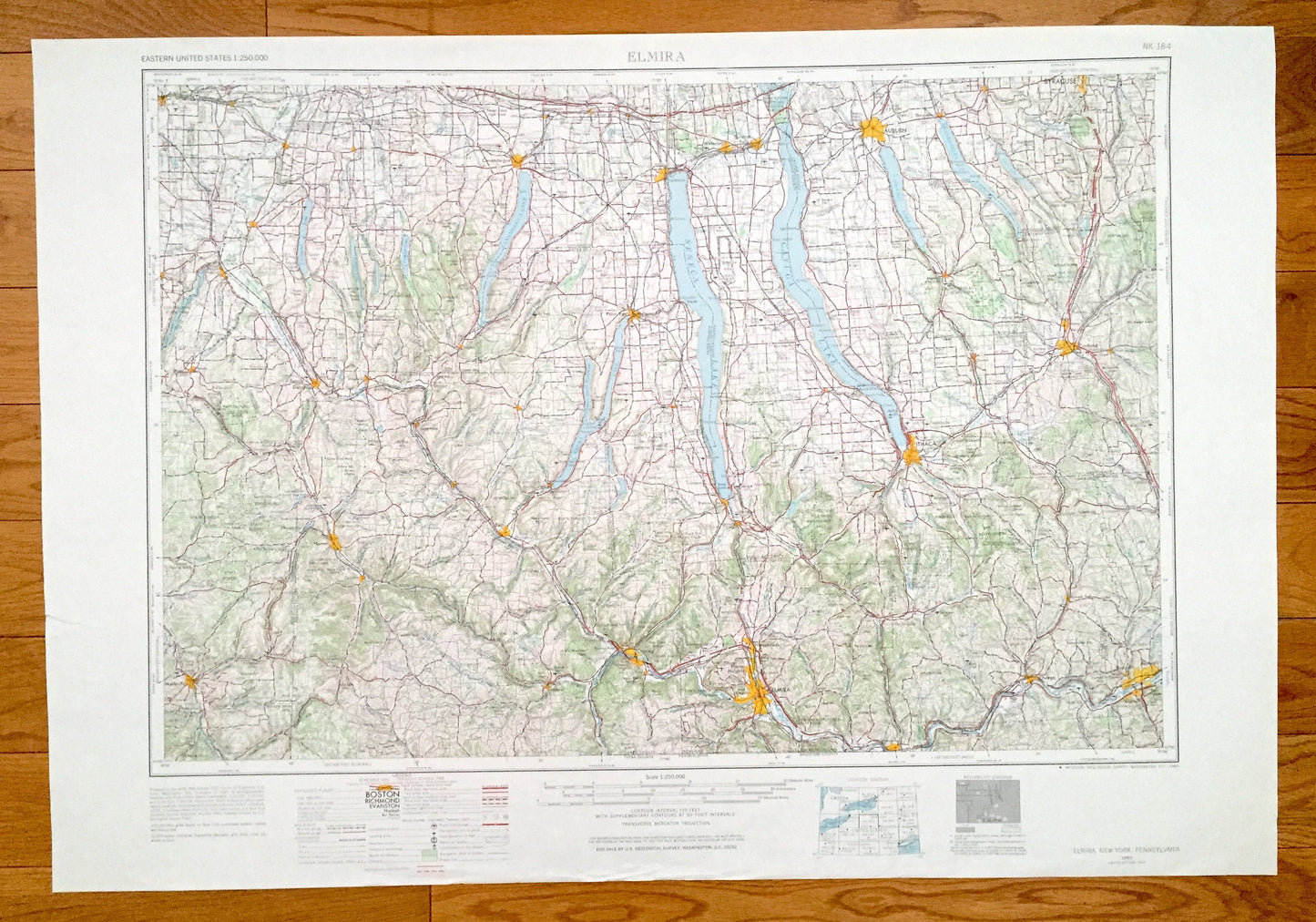 Antique Finger Lakes, New York 1962 US Geological Survey Topographic Map – Ithaca, Cortland, Auburn, Syracuse, Seneca, Canandaigua, Elmira