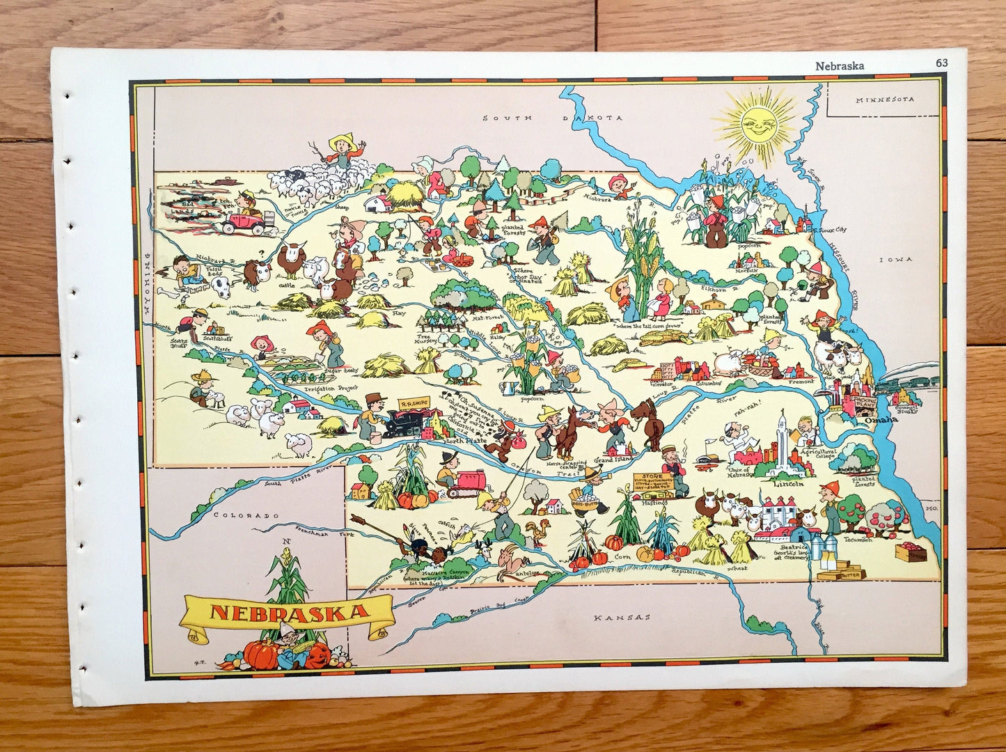 Antique 1935 Nebraska State Map from Our Gay Geography by Ruth Taylor – Omaha, Lincoln, Bellevue, Grand Island, Kearny, Fremont, Hastings NE