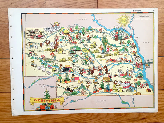 Antique 1935 Nebraska State Map from Our Gay Geography by Ruth Taylor – Omaha, Lincoln, Bellevue, Grand Island, Kearny, Fremont, Hastings NE