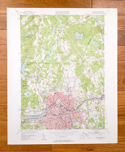 Antique Lowell, Massachusetts 1950 US Geological Survey Topographic Map – Essex, Middlesex County, Chelmsford, MA, Hillsborough County, NH