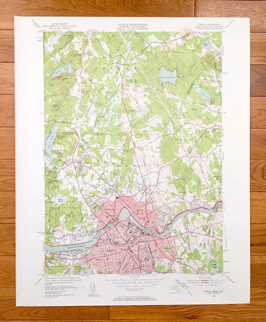 Antique Lowell, Massachusetts 1950 US Geological Survey Topographic Map – Essex, Middlesex County, Chelmsford, MA, Hillsborough County, NH