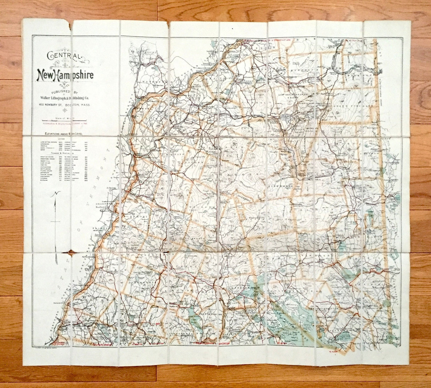 Antique Central New Hampshire 1916 George H Walker & Co Automobile Map – White Mountains, Winnipesaukee, Squam, Newfound Lake, Hanover, NH