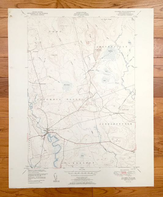 Antique Columbia Falls, Maine 1951 US Geological Survey Topographic Map – Washington County, Centerville, Jonesborough, Addison, Columbia ME