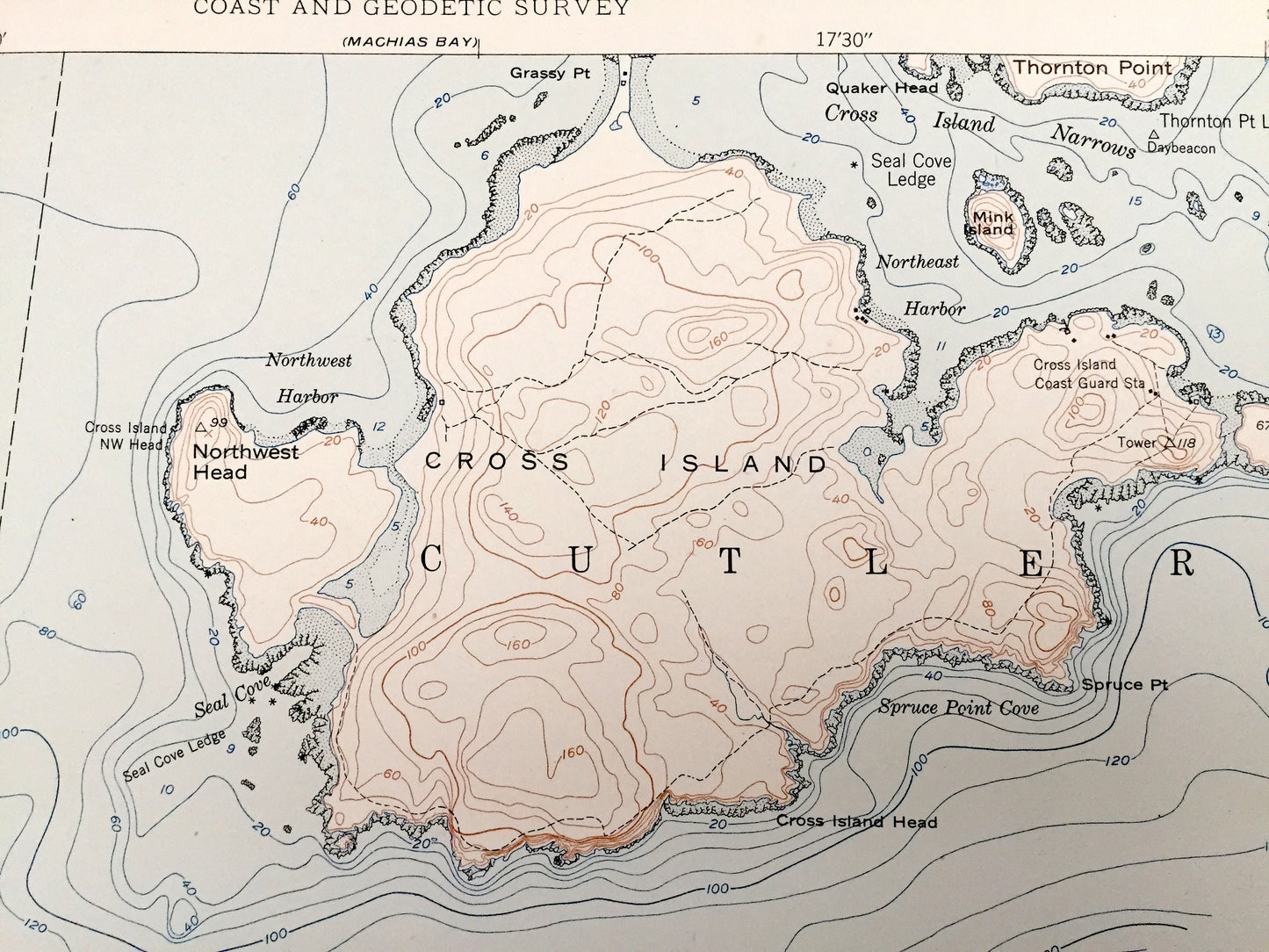 Antique Cross Island, Maine 1950 US Geological Survey Topographic Map – Washington County, Machiasport, Cutler, Gulf of Maine, ME