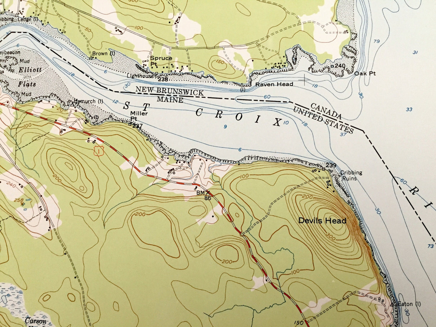 Antique Devils Head, Maine 1949 US Geological Survey Topographic Map – Washington County, Calais, ME, Charlotte County, New Brunswick
