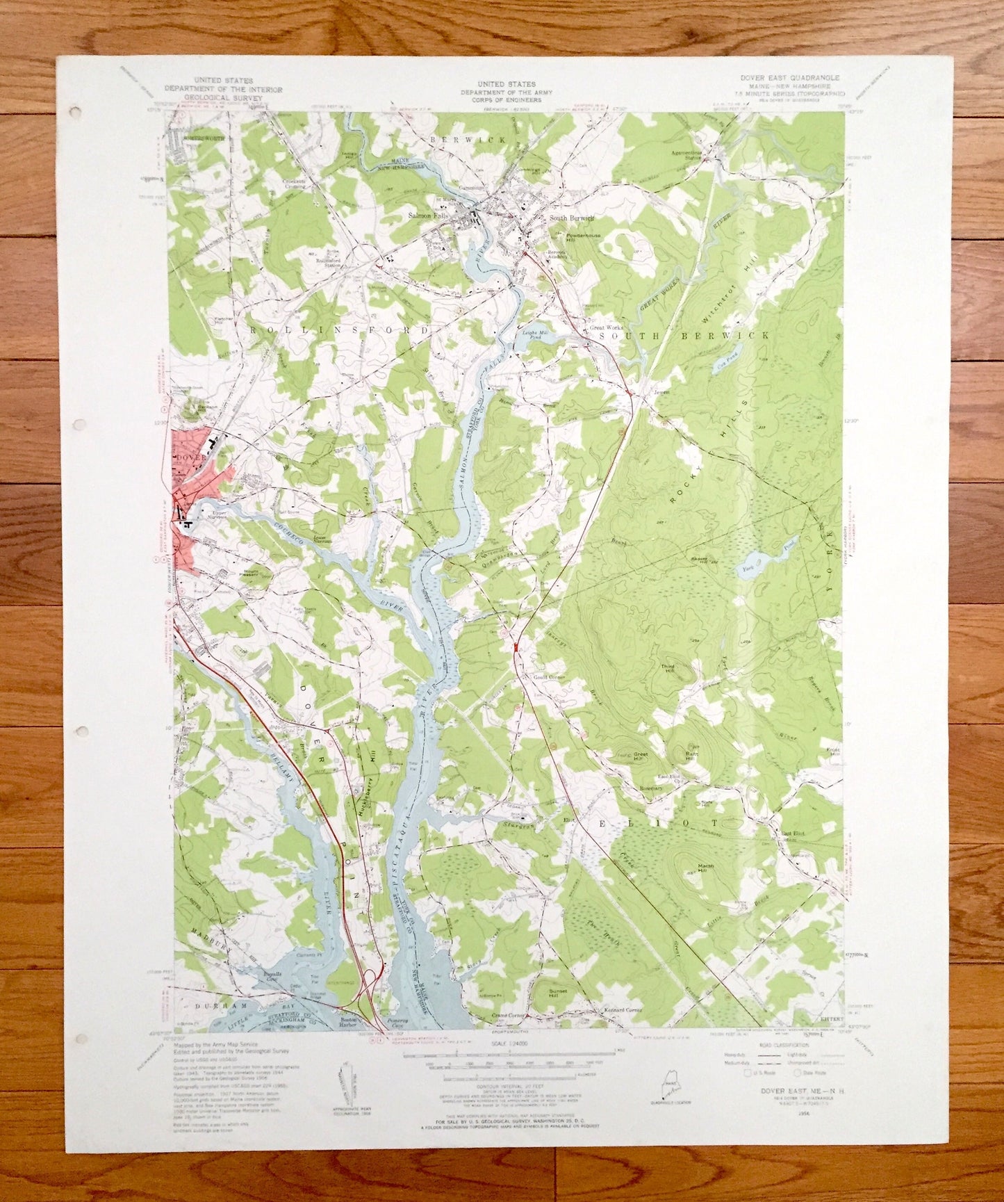 Antique Dover East, New Hampshire 1956 US Geological Survey Topographic Map – Rockingham, Strafford County, Rollinsford, NH, York County, ME