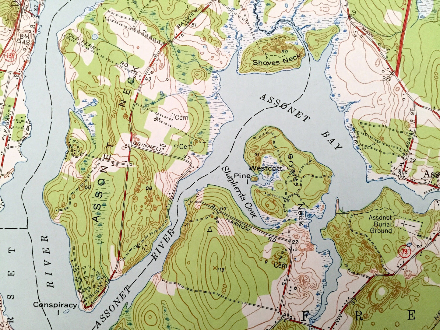 Antique Assonet, Massachusetts 1951 US Geological Survey Topographic Map – Bristol, Plymouth County, Berkley, Taunton, Lakeville, Dighton MA
