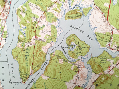 Antique Assonet, Massachusetts 1951 US Geological Survey Topographic Map – Bristol, Plymouth County, Berkley, Taunton, Lakeville, Dighton MA