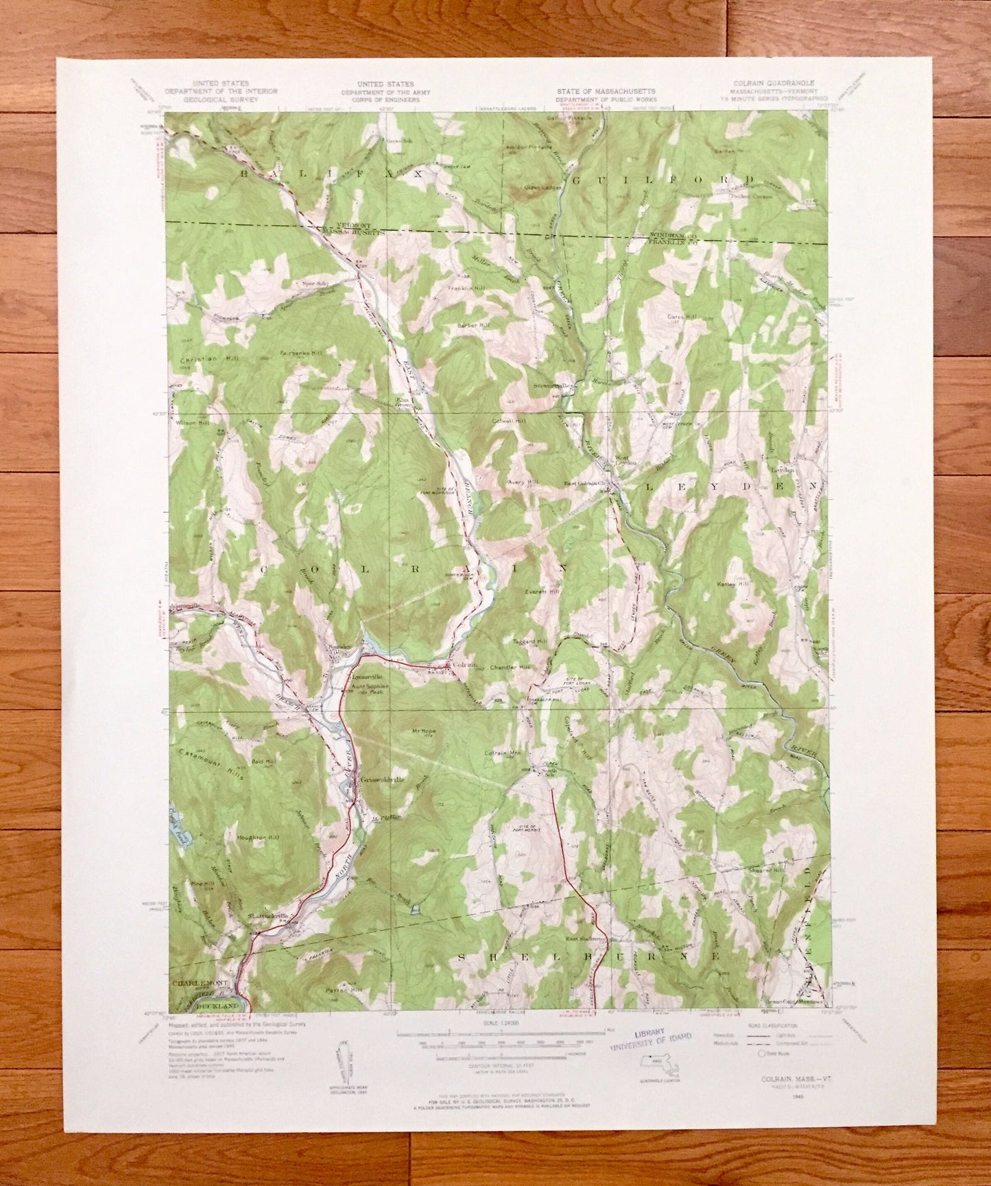Antique Colrain, Massachusetts 1945 US Geological Survey Topographic Map – Franklin County, Leyden, MA, Windham County, Guilford, Halifax VT