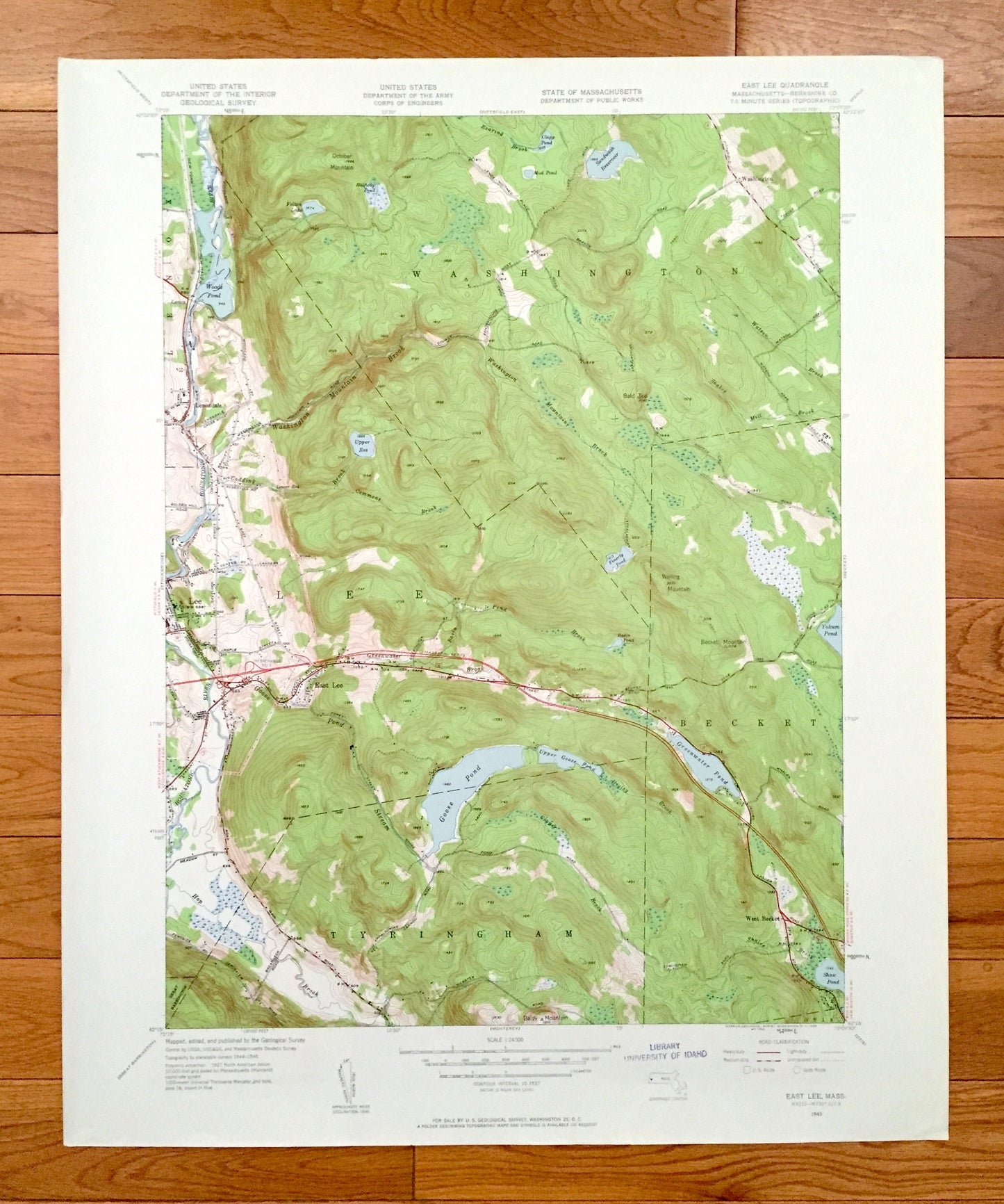 Antique East Lee, Massachusetts 1945 US Geological Survey Topographic Map – Berkshire County, Washington, Lenox, Tyringham, Becket, Otis, MA