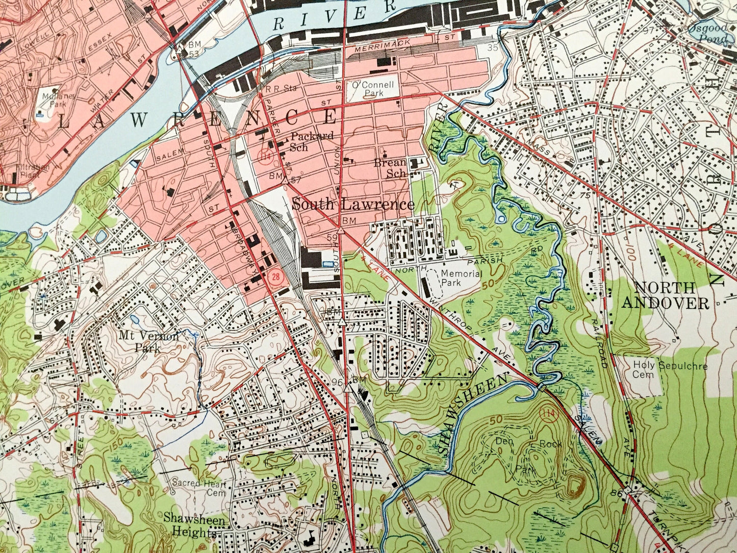 Antique Lawrence, Massachusetts 1955 US Geological Survey Topographic Map – Middlesex, Essex County, MA, Hillsboro, Andover, Rockingham, NH