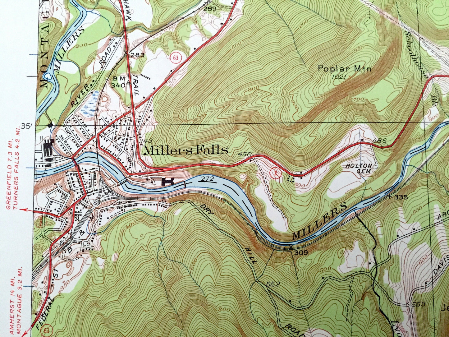 Antique Millers Falls, Massachusetts 1948 US Geological Survey Topographic Map – Franklin County, Wendell, Montague, Erving, Northfield, MA
