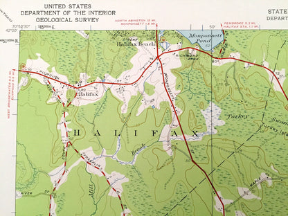 Antique Plympton, Massachusetts 1949 US Geological Survey Topographic Map – Plymouth County, Halifax, Kingston, Middleborough, Carver, MA