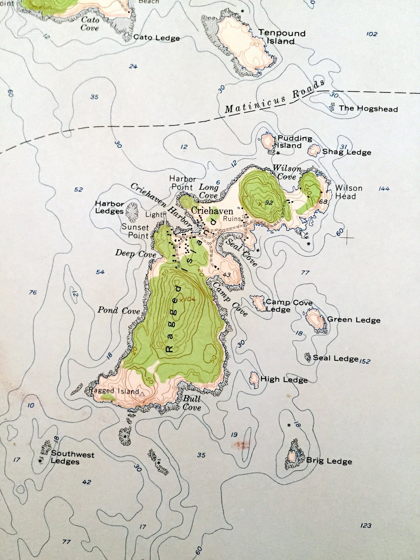 Antique Matinicus, Maine 1953 US Geological Survey Topographic Map – Criehaven, Wooden Ball, Ragged, Island, Knox County, Seal Ledges, ME