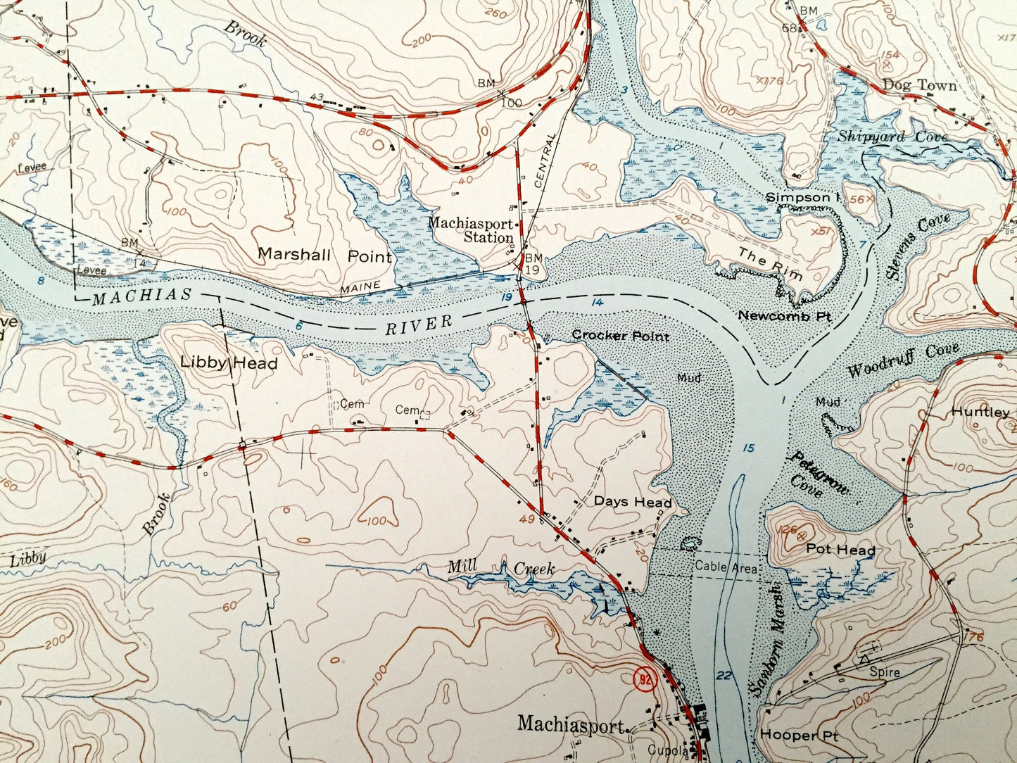 Antique Machias, Maine 1951 US Geological Survey Topographic Map – Washington County, Marshfield, Whitneyville, Roque Bluffs, Machiasport ME