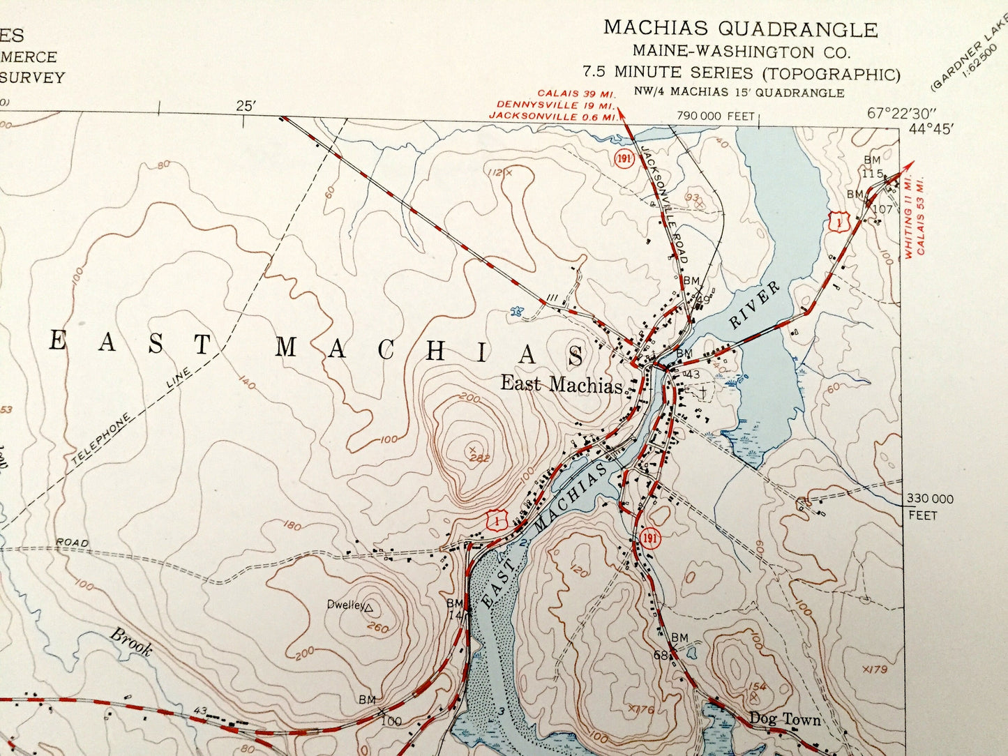 Antique Machias, Maine 1951 US Geological Survey Topographic Map – Washington County, Marshfield, Whitneyville, Roque Bluffs, Machiasport ME
