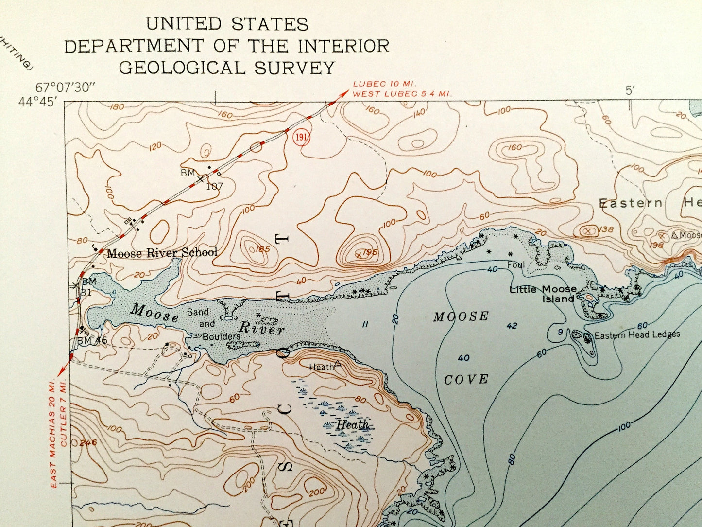 Antique Moose River, Maine 1951 US Geological Survey Topographic Map – Somerset County, Trescott, Cutler, Grand Manan Channel, ME