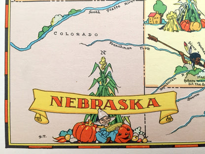 Antique 1935 Nebraska State Map from Our Gay Geography by Ruth Taylor – Omaha, Lincoln, Bellevue, Grand Island, Kearny, Fremont, Hastings NE