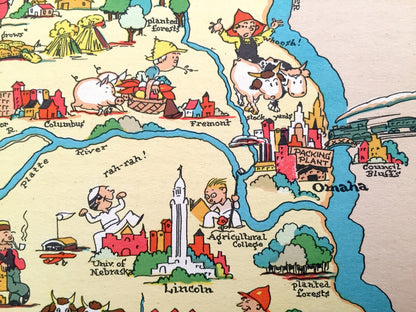 Antique 1935 Nebraska State Map from Our Gay Geography by Ruth Taylor – Omaha, Lincoln, Bellevue, Grand Island, Kearny, Fremont, Hastings NE