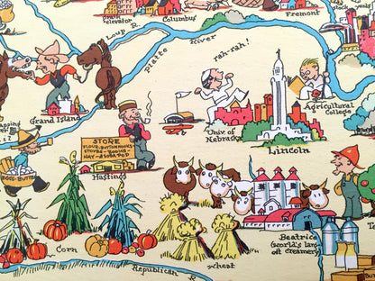 Antique 1935 Nebraska State Map from Our Gay Geography by Ruth Taylor – Omaha, Lincoln, Bellevue, Grand Island, Kearny, Fremont, Hastings NE