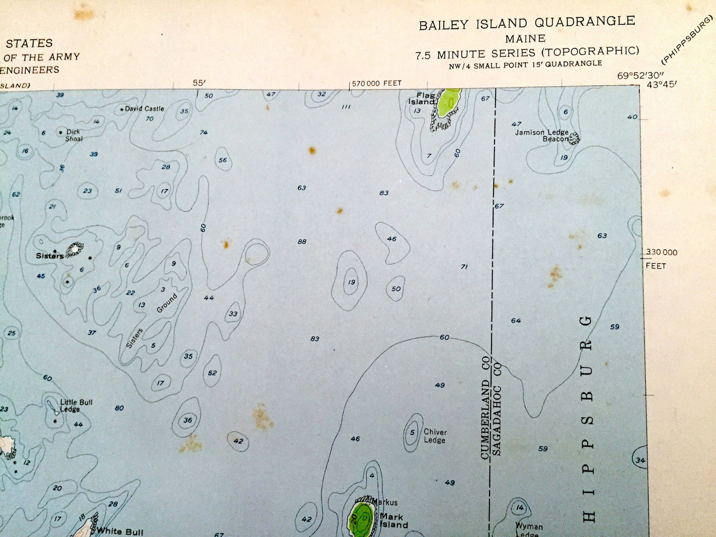 Antique Bailey Island, Maine 1957 US Geological Survey Topographic Map – Sagadahoc, Cumberland County, Harpswell, Phippsburg, Casco Bay, ME
