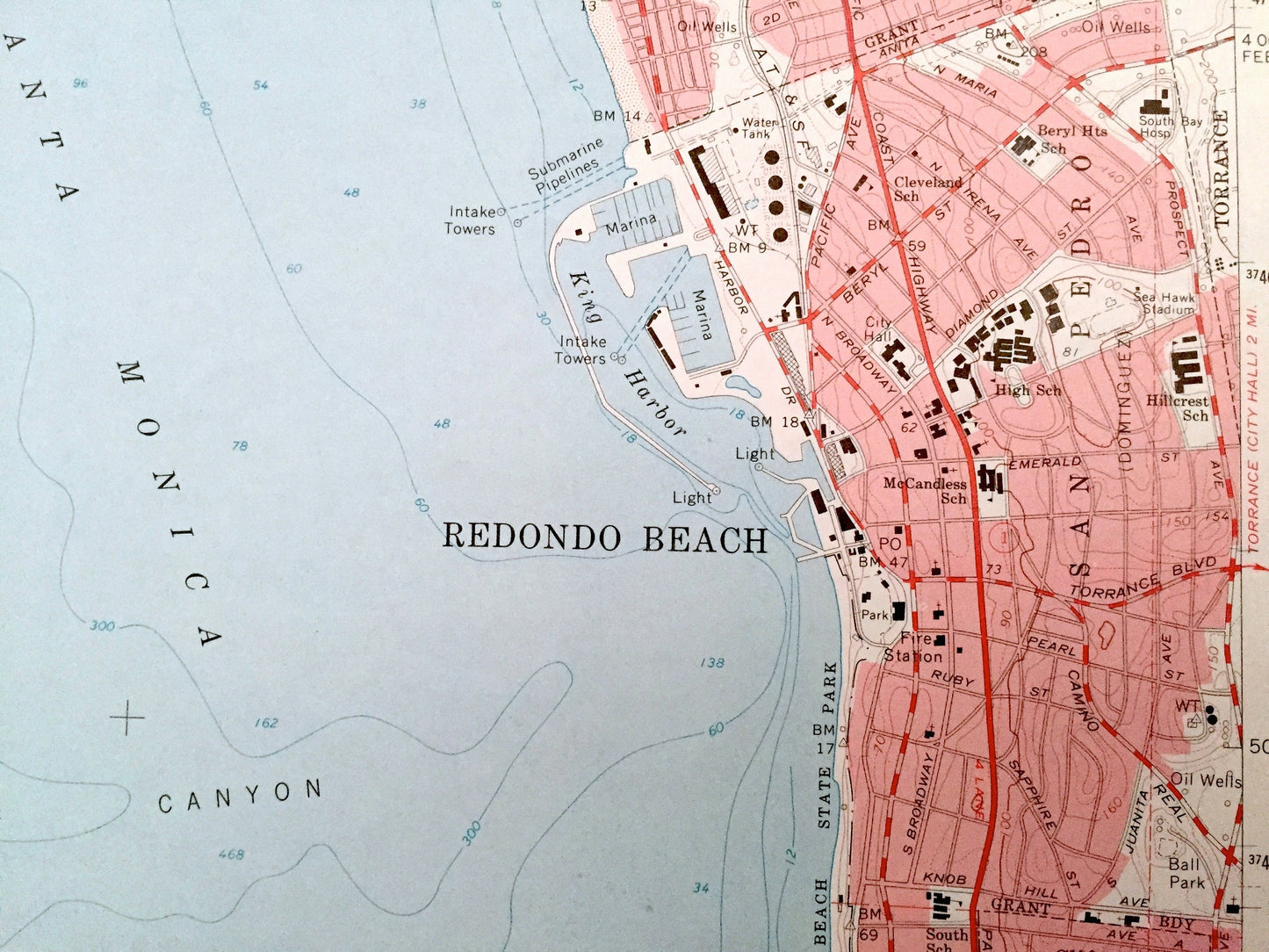 Antique Redondo Beach, California 1963 US Geological Survey Topographic Map – Los Angeles County, San Pedro, Torrance, Hermosa, Clifton, CA