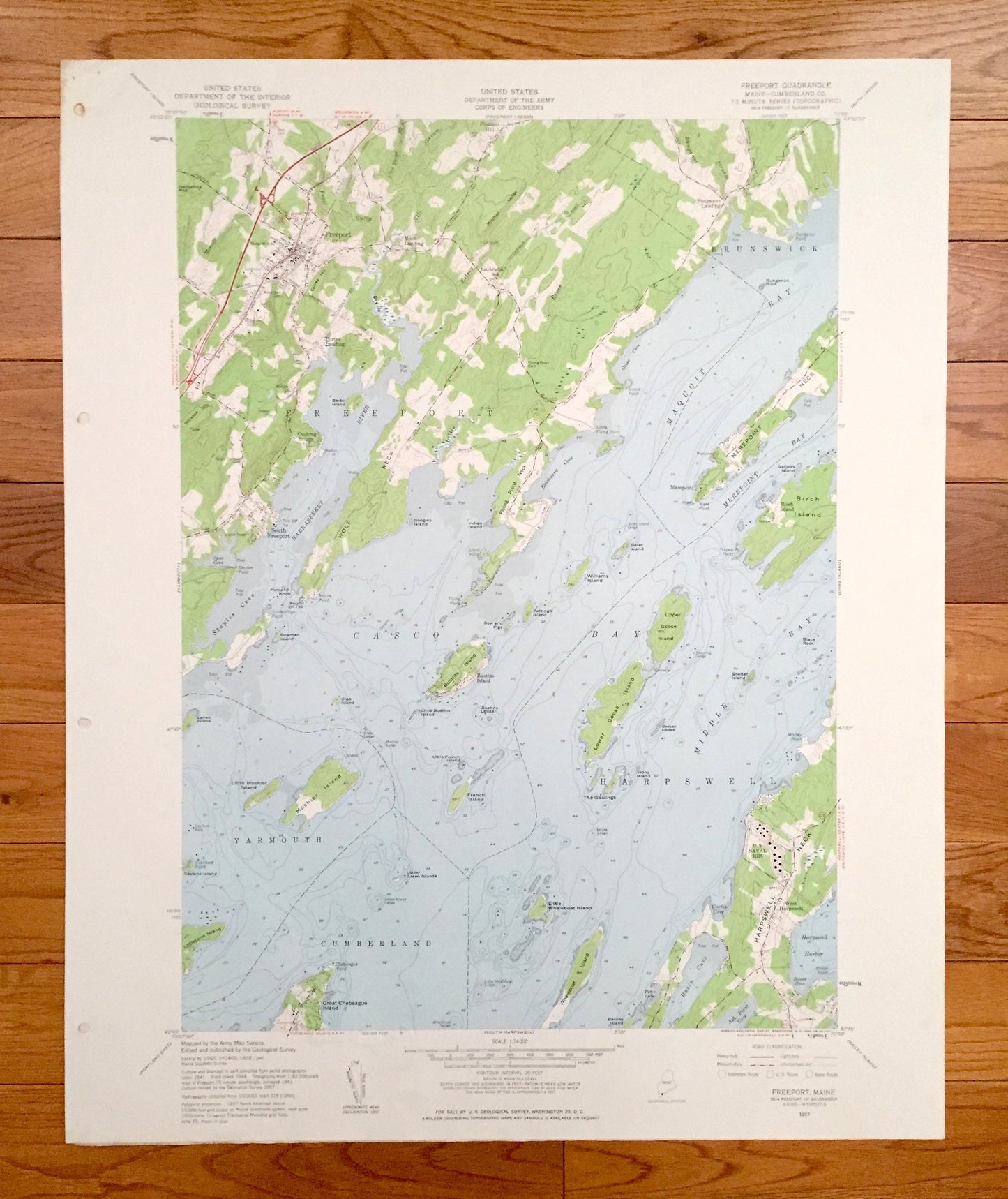 Antique Freeport, Maine 1957 US Geological Survey Topographic Map – Sagadahoc, Cumberland County, Brunswick, Yarmouth, Harpswell, ME