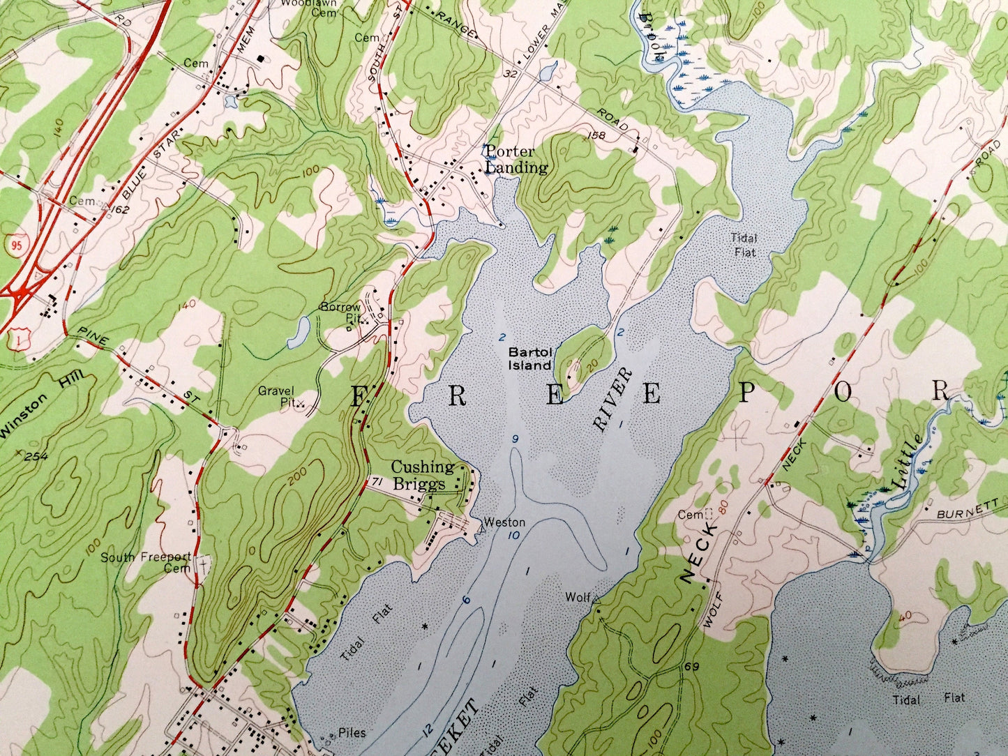 Antique Freeport, Maine 1957 US Geological Survey Topographic Map – Sagadahoc, Cumberland County, Brunswick, Yarmouth, Harpswell, ME