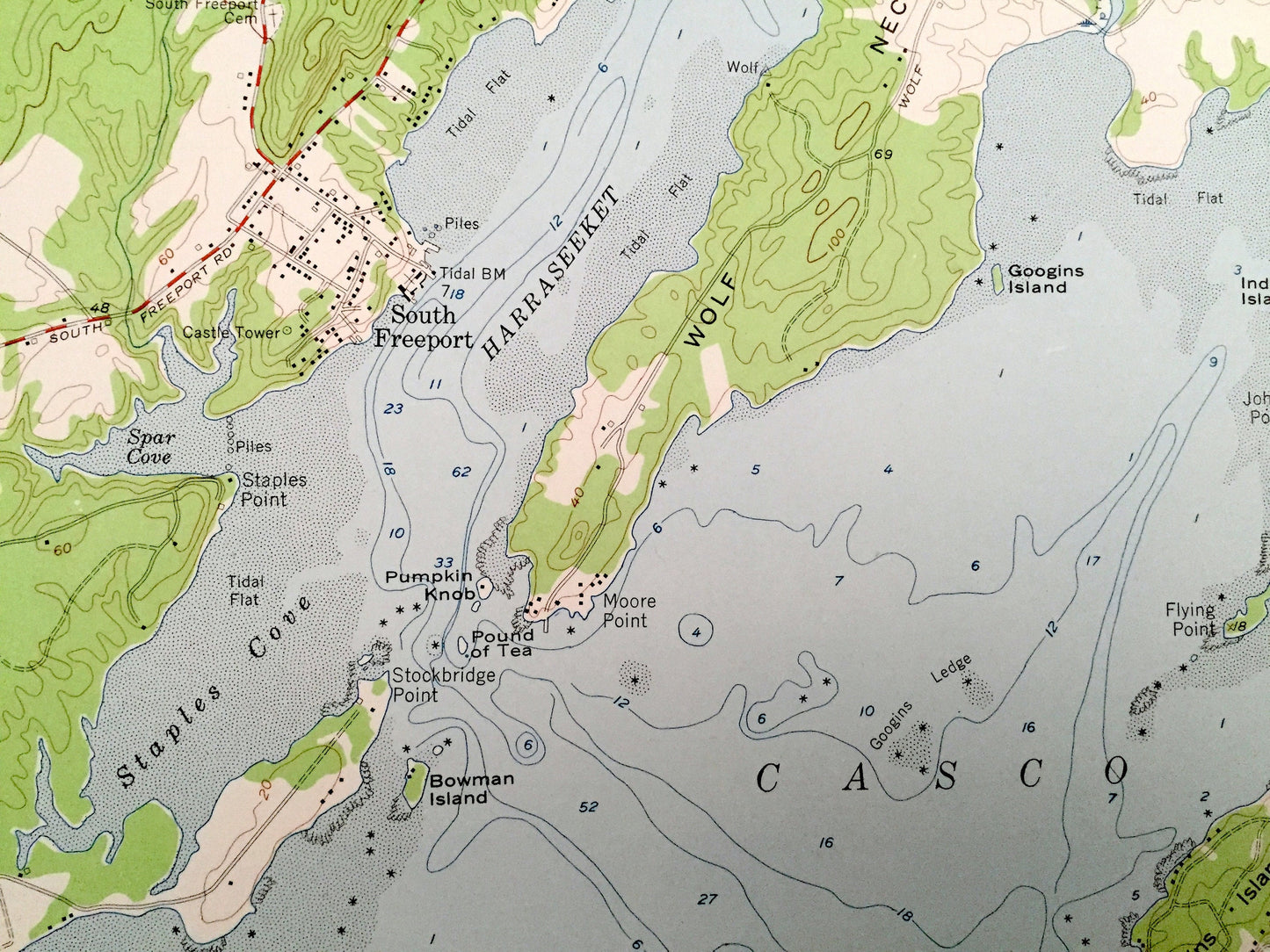 Antique Freeport, Maine 1957 US Geological Survey Topographic Map – Sagadahoc, Cumberland County, Brunswick, Yarmouth, Harpswell, ME