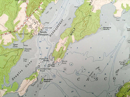 Antique Freeport, Maine 1957 US Geological Survey Topographic Map – Sagadahoc, Cumberland County, Brunswick, Yarmouth, Harpswell, ME