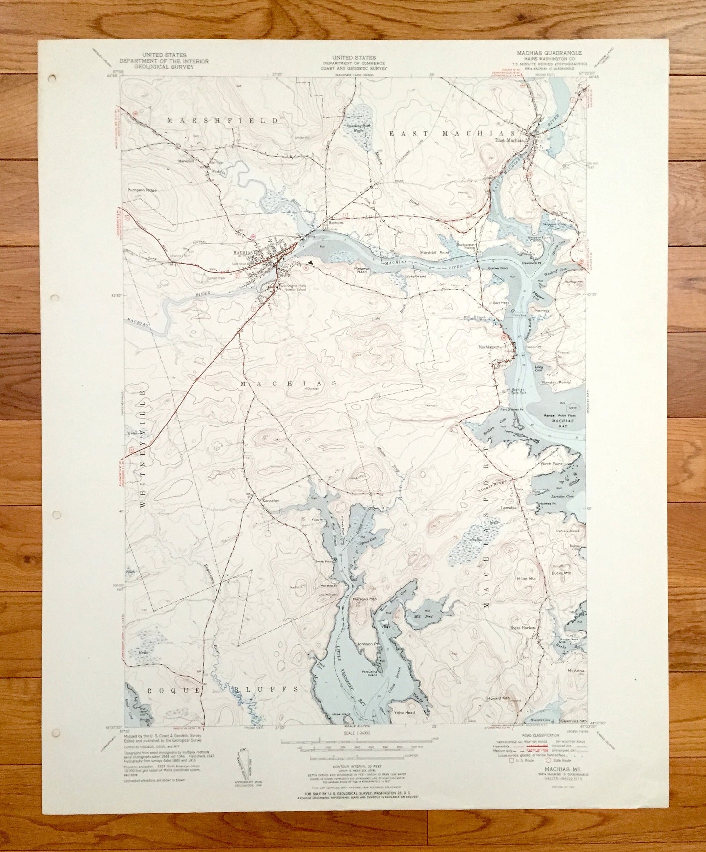 Antique Machias, Maine 1951 US Geological Survey Topographic Map – Washington County, Marshfield, Whitneyville, Roque Bluffs, Machiasport ME