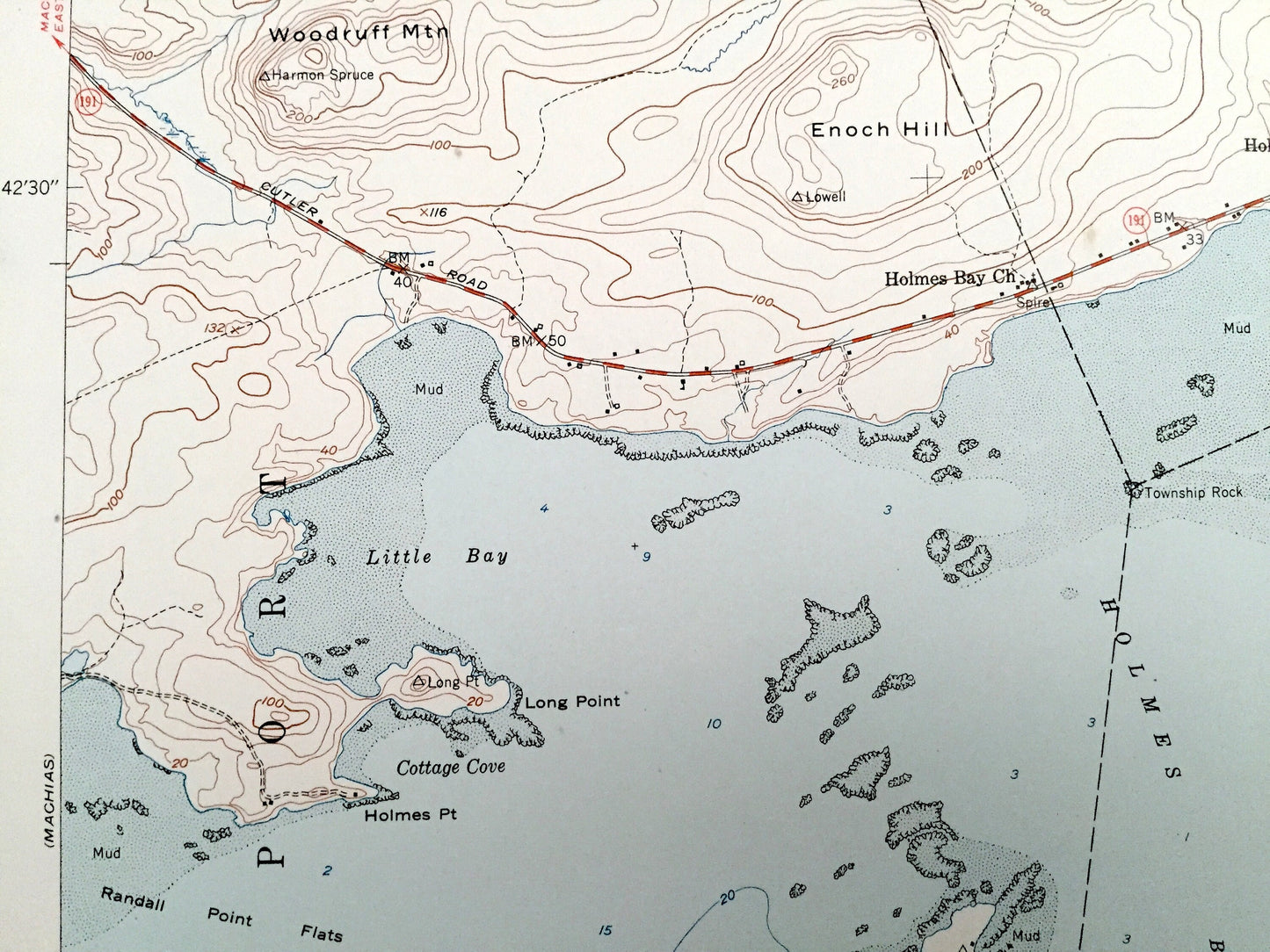 Antique Machias Bay, Maine 1951 US Geological Survey Topographic Map – Washington County, Machiasport, Whiting, Cutler, ME