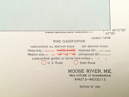 Antique Moose River, Maine 1951 US Geological Survey Topographic Map – Somerset County, Trescott, Cutler, Grand Manan Channel, ME