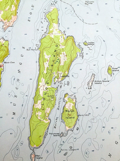 Antique Louds Island, Maine 1955 US Geological Survey Topographic Map – Knox, Lincoln County, Bremen, Bristol, Loudville, Muscongus, ME