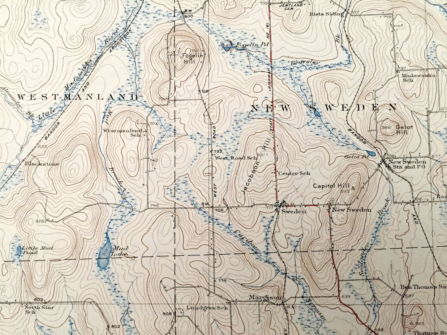 Antique Caribou, Maine 1932 US Geological Survey Topographic Map – New Sweden, Westmanland, Woodland, Perham, Washburn, Wade Connor Pauls ME