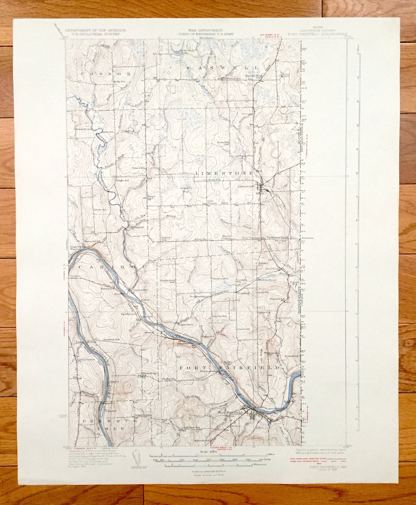 Antique Fort Fairfield, Maine 1933 US Geological Survey Topographic Map – Aroostook County, Limestone, Caswell, Connor, Caribou, Goodrich ME