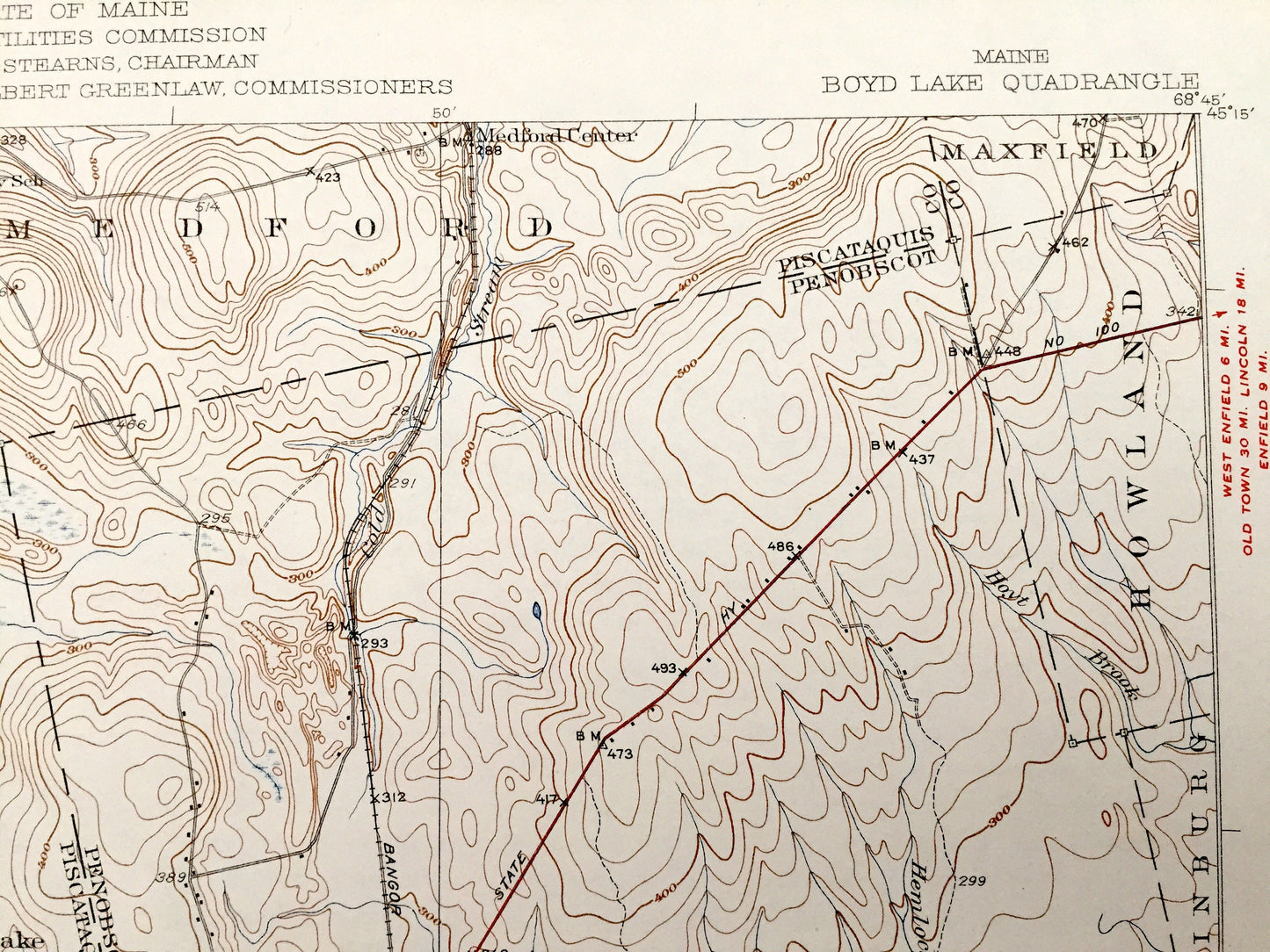 Antique Boyd Lake, Maine 1934 US Geological Survey Topographic Map – Penobscot, Piscataquis County, Orneville, LaGrange, Medford, Milo, ME