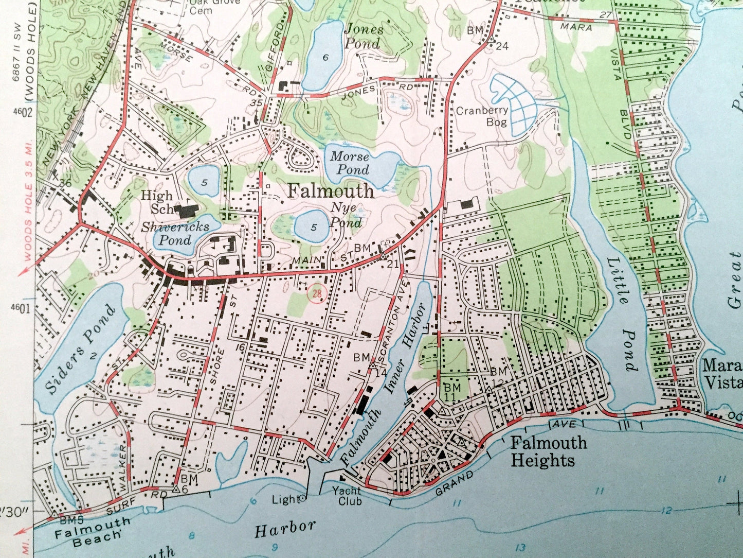 Antique Falmouth, Massachusetts 1957 US Geological Survey Topographic Map – Mashpee, Teaticket, Mara Vista, Barnstable, Cape Cod Vineyard MA