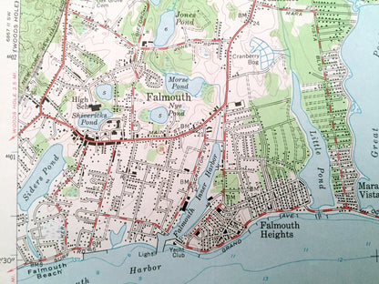 Antique Falmouth, Massachusetts 1957 US Geological Survey Topographic Map – Mashpee, Teaticket, Mara Vista, Barnstable, Cape Cod Vineyard MA